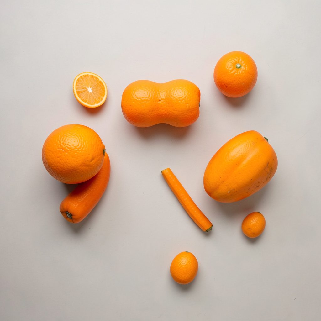 Overhead view of a glossy fruit arrangement on a pale marble surface, soft pink and yellow highlights.